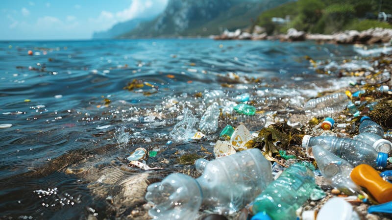 Polluted Underwater World: AI-Generated Image of Plastic Waste in the Ocean royalty free illustration