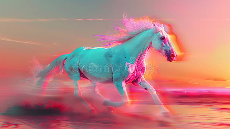 Artă digitală a unui cal alb care aleargă pe o plajă la apus. culori vibrante și mișcare dinamică scoate la iveală futurismul stock images