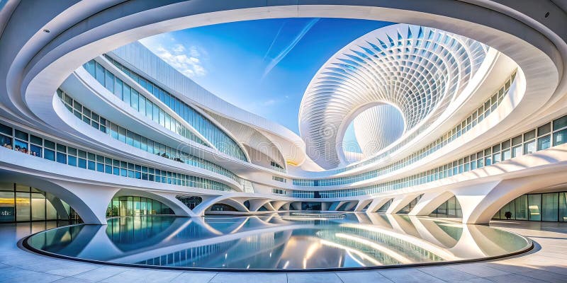 A Stunning AIGenerated Image of a Futuristic White Circular Building Modern Architecture Design Concept for Urban. This captivating AI-generated image showcases a breathtaking modern architectural design. A pristine white circular building stands as a focal point, its smooth, geometric forms reflecting soft light. The minimalist aesthetic, emphasized by clean lines and circular features, creates a sense of harmony and futuristic elegance. The photorealistic rendering makes the structure appear almost