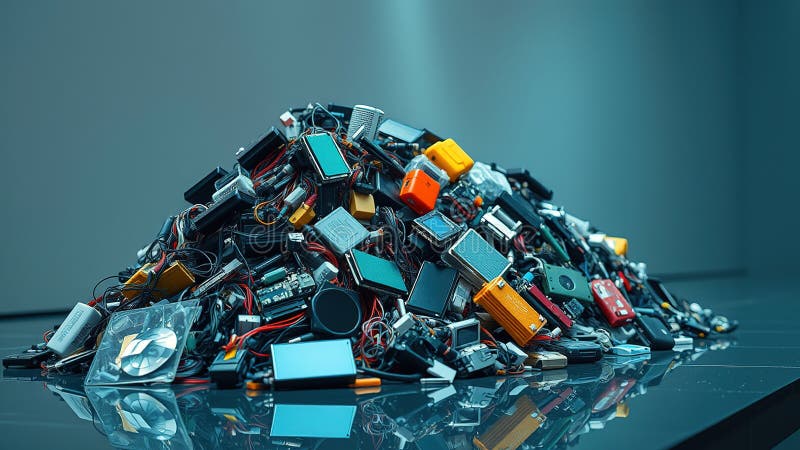 A Stunning AIGenerated Image of a Vibrant Detailed EWaste Heap Highlighting the Environmental Problem of Discarded stock illustration