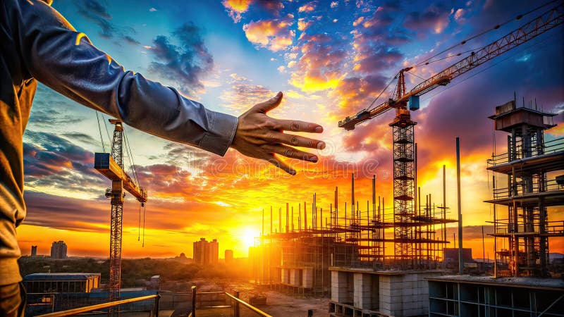 A Stunning AIGenerated Panorama of a Sunset Construction Site Reaching Hands and Vibrant Colors Silhouette Hand Gesture royalty free illustration