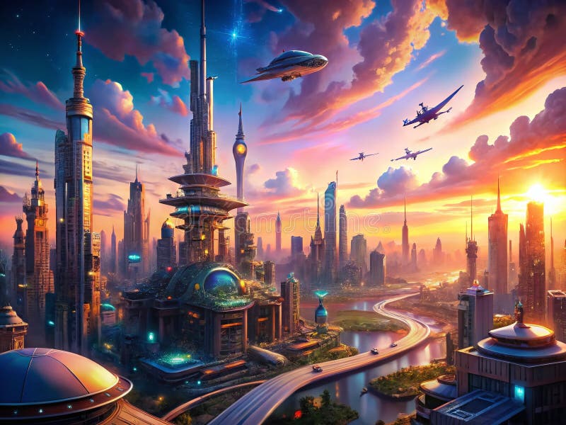 Stunning Anime Cityscape Panorama A Vibrant Sunset over a futuristic Metropolis royaltyfri illustrationer
