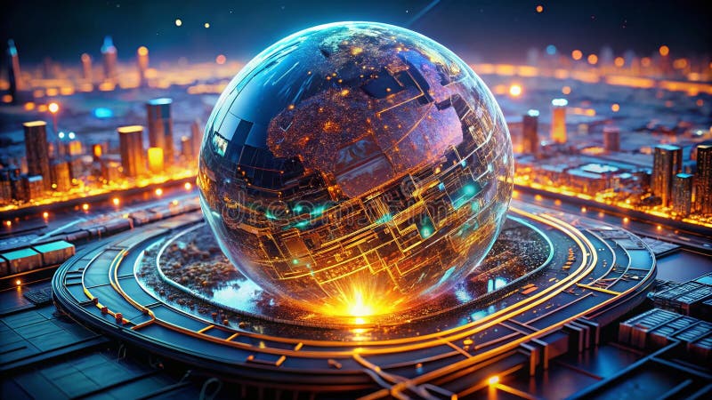A Stunning Architectural Visualization Illuminated Pathways and Intricate Circuitry on a Futuristic Digital Globe vector illustration