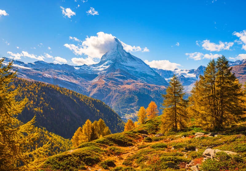 Stunning autumn scenery of famous alp peak Matterhorn. Swiss Alps, Valais, Switzerland