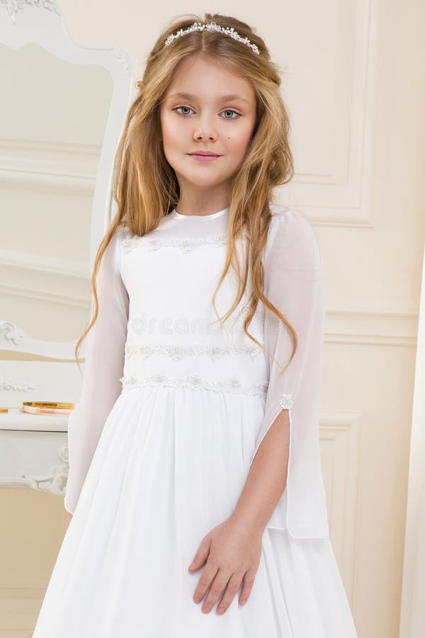 Stunning Beauty Young Girl Model in the White Communion Dress Stock ...