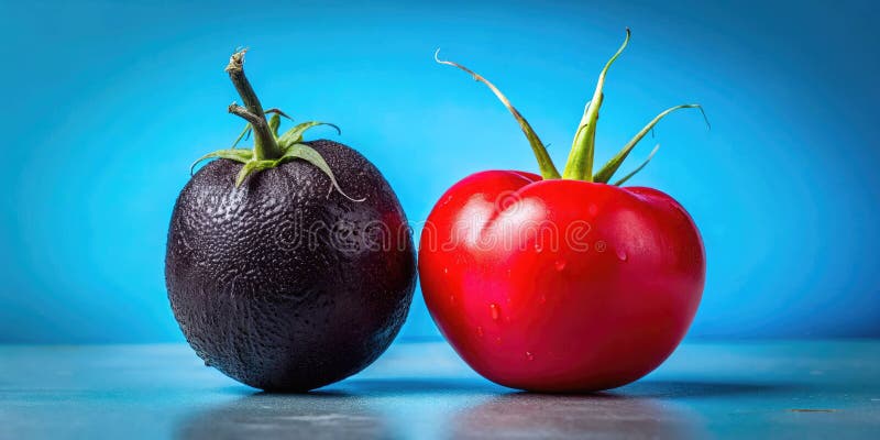 Stunning Black Radish och Tomato Life A Masterclass in Photographic Composition Against a Vibrant Blue Background royaltyfri illustrationer