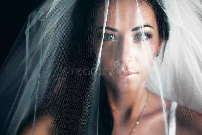 Stunning bride with black hair looks hidden under a veil stock photo Stunning bride with black hair looks hidden under a veil stock photo