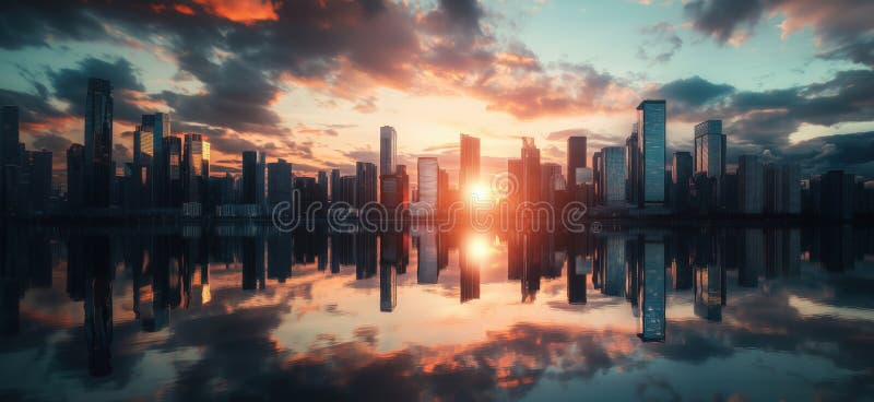 Stunning city skyline at sunset reflecting on water, vibrant colors, dramatic clouds, modern architecture, urban