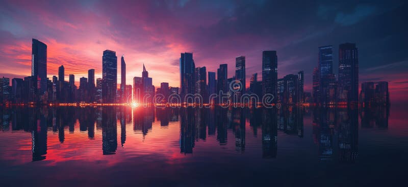 Stunning city skyline at sunset reflecting on water, vibrant colors, modern architecture, urban landscape, serene