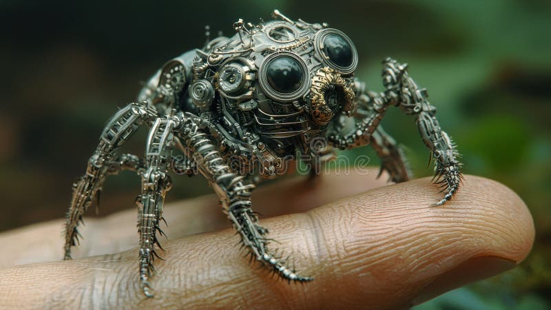 Intricate Mechanical Spider Art with Steampunk Design on Finger stock illustration