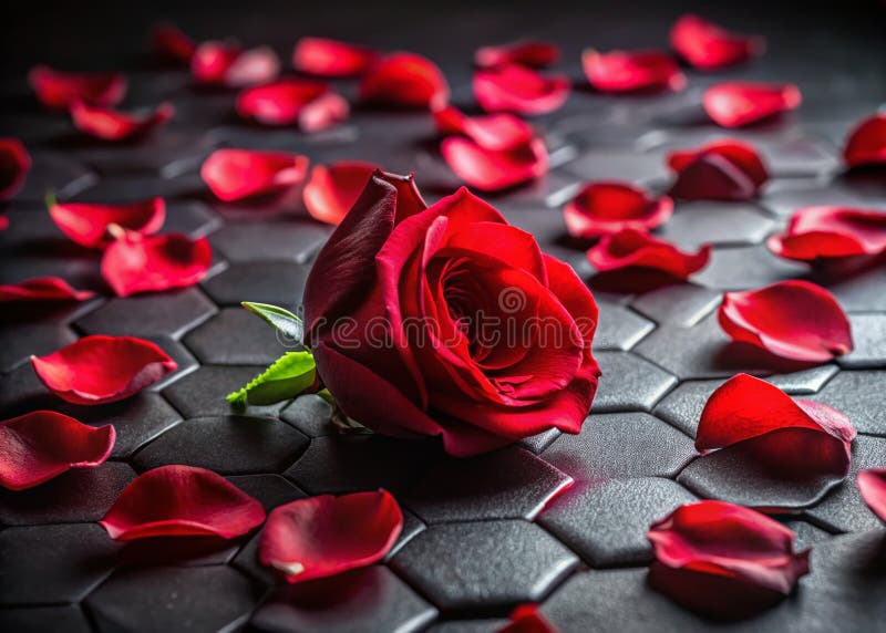 Stunning Closeup of Red Rose Petals Dramatically Scattered on a Black Background with a Hexagon Shape Perfect for stock illustration