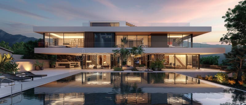 A stunning contemporary house featuring modern design elements, spacious interiors, and a beautiful infinity pool, exemplifying royalty free illustration