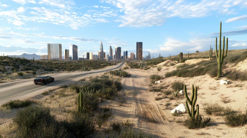 A stunning contrast from urban skyscrapers to rugged off road terrain in one captivating view stock illustration