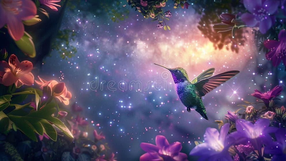 Cute Cosmic Hummingbird in a Beautiful Dreamlike Forest Surrounded by ...