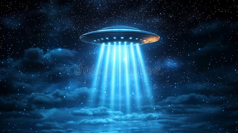 A Shining Blue UFO Spaceship with Glowing Blue Tractor Beam Lights ... A Shining Blue UFO Spaceship with Glowing Blue Tractor Beam Lights ...