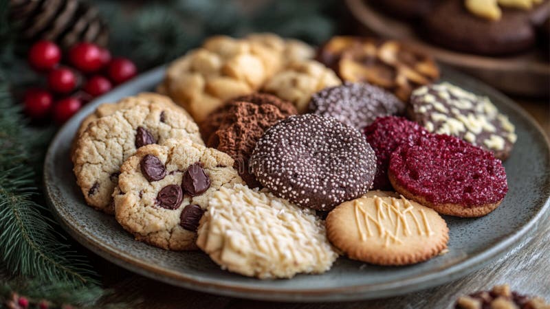 Beautiful, Delicious, Delicate and Buttery Different Kinds of Danish Cookies on a Plate (Christmas Cookies) royalty free illustration