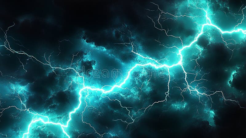 Bright Aqua Blue Electric Thunder Lightning in a Thunderstorm With Dark Clouds stock illustration