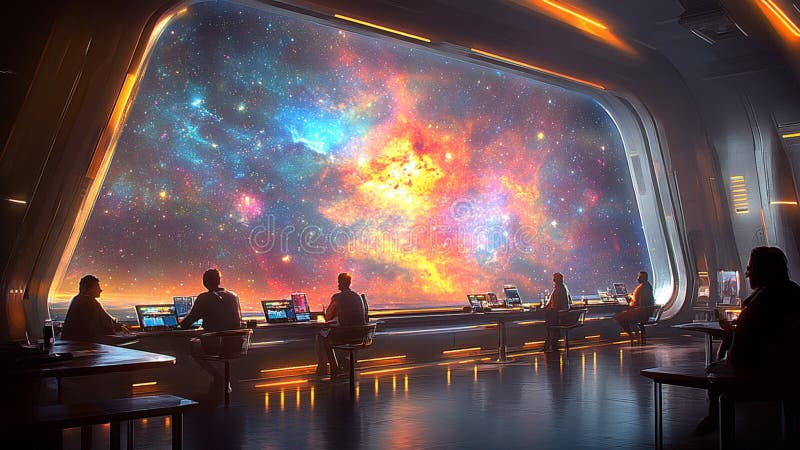 Science Fiction Futuristic Cafe Restaurant Cafeteria Inside an Extraterrestrial Spaceship Space Station in a Nebula Space Universe vector illustration