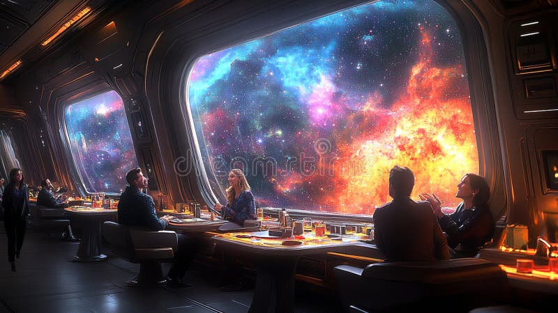 Science Fiction Futuristic Cafe Restaurant Cafeteria Inside an Extraterrestrial Spaceship Space Station in a Nebula Space Universe royalty free illustration