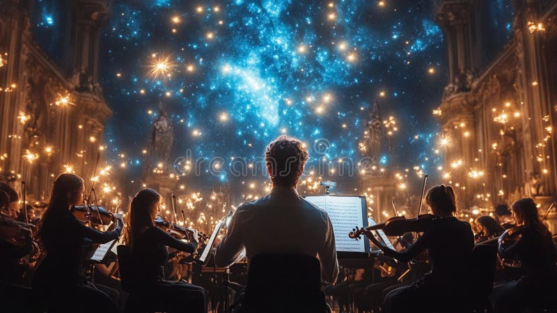 A Cosmic Orchestra Playing Cosmic Instrumental Melodies royalty free illustration