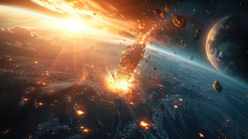 Coliziune cataclismică : impact asteroid pe pământ în 3d redare cu elemente NASA stock illustration
