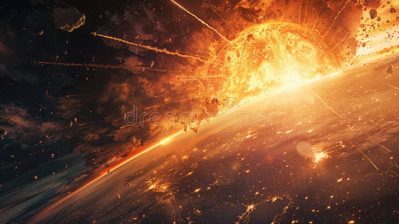 Coliziune cataclismică : impact asteroid pe pământ în 3d redare cu elemente NASA vector illustration