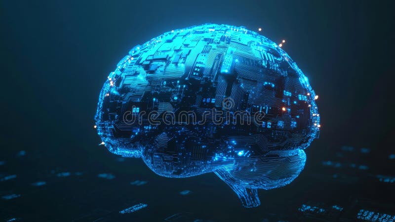 High-tech digital brain with glowing circuits in blue royalty free illustration