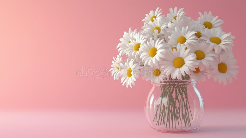 Delicate daisy bouquet arranged in a glass jar, pink background vector illustration