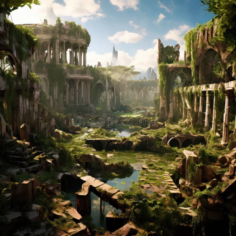 Ancient ruins overgrown with lush green vegetation royalty free stock photos