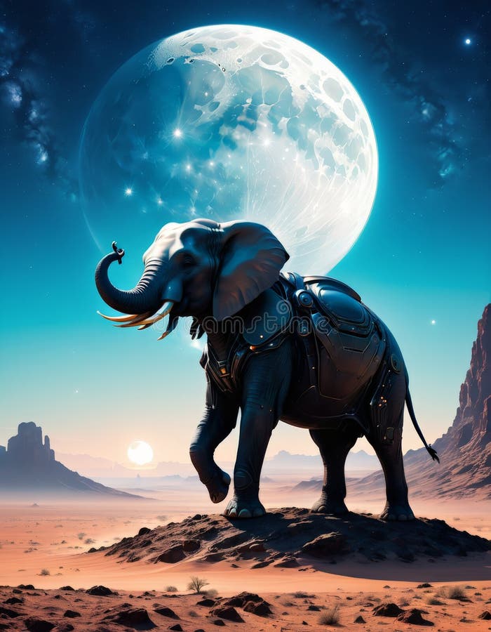 Cybernetic elephant under moonlit desert sky stock photo