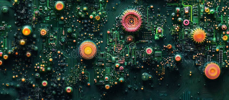 Digital Circuit Board: Futuristic Tech Textures in Metallic Grays, Blues and Greens with Abstract Shapes and Lightning B vector illustration