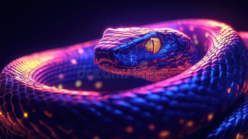 Close-up of a vibrant serpent artistic fantasy wildlife on a dark background stock photography