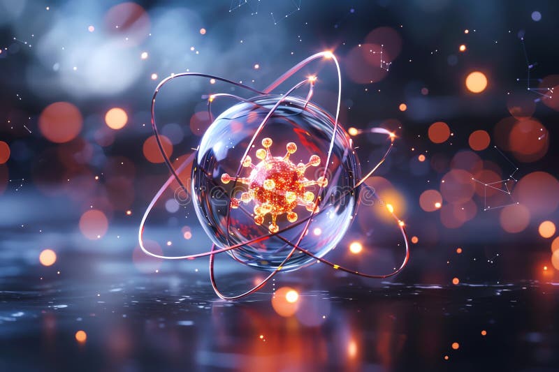 A stunning digital illustration of an atom with orbiting electrons, symbolizing quantum physics, science, and technology vector illustration