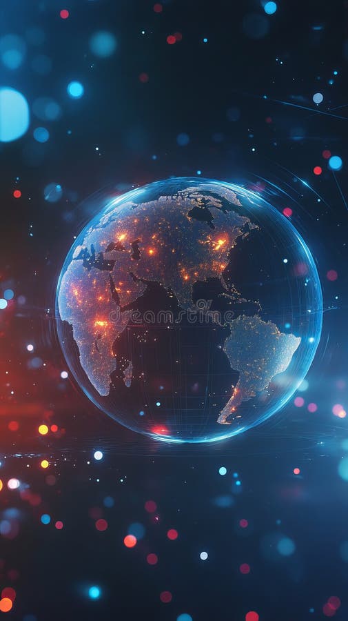 Stunning Digital Visualization of Earth with Glowing City Lights and Futuristic Data royalty free illustration