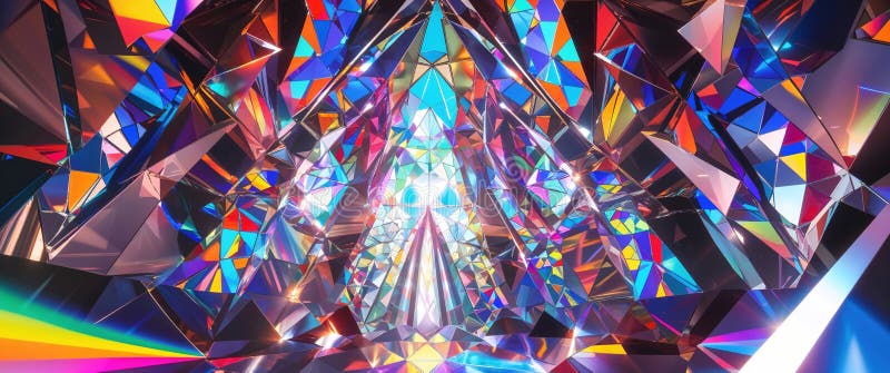 A stunning display of colors and light fills a complex abstract environment. Geometric shapes interact dynamically, pres royalty free illustration