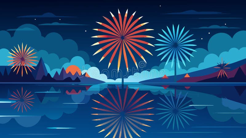 A stunning display of fireworks reflected in the peaceful waters of a lake a symbol of the nations freedom and unity as it commemorates Independence. Vector illustration AI generated. A stunning display of fireworks reflected in the peaceful waters of a lake a symbol of the nations freedom and unity as it commemorates Independence. Vector illustration AI generated