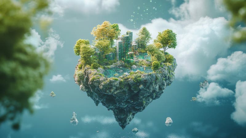 A stunning floating island emerges from the clouds. Lush trees and modern structures create a harmonious balance. Nature meets stock photo