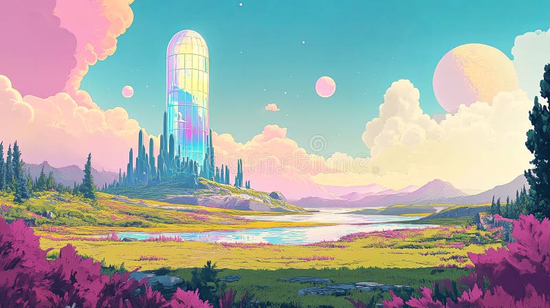 A stunning futuristic landscape features a crystal tower amidst vibrant flora and celestial bodies royalty free illustration