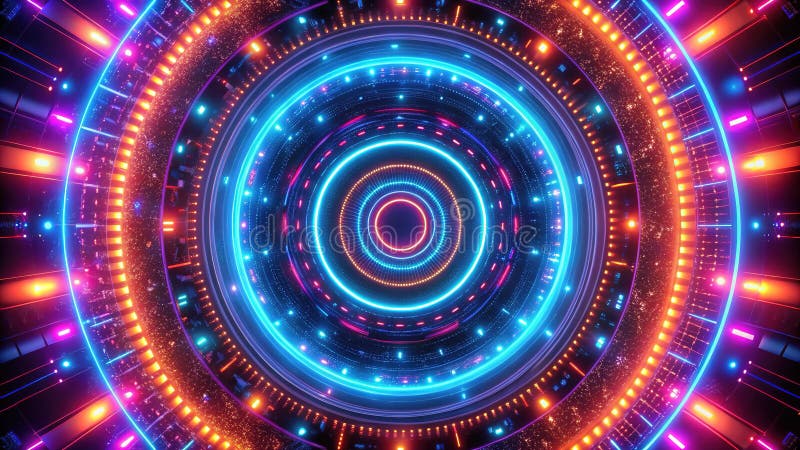 Stunning Futuristic Neon Circular Patterns A Vibrant Abstract Background with Concentric Circles for Modern Design stock illustration