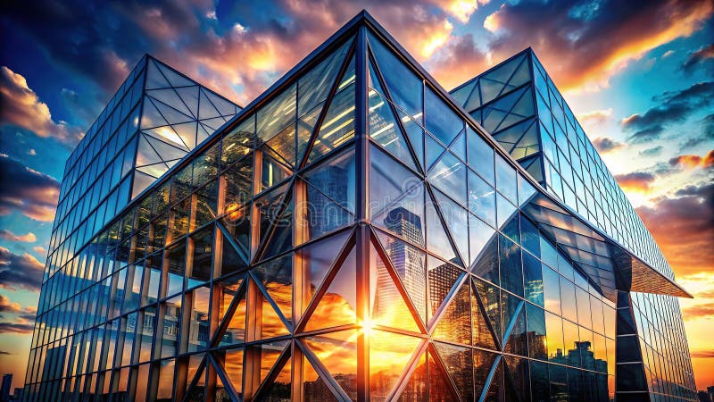 Stunning Geometric Glass Facade of a Modern Skyscraper mot Vibrant City Skyline på Dusk royaltyfri illustrationer
