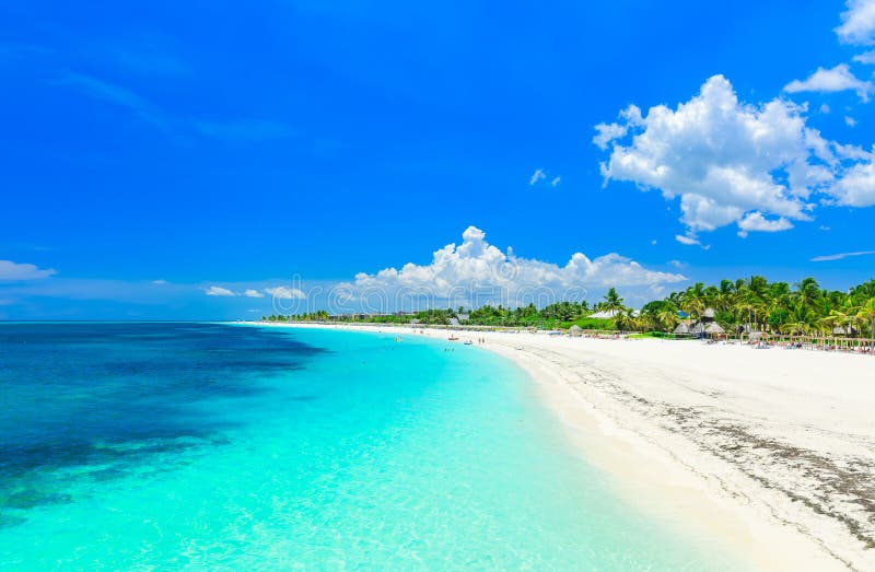 Amazing view of a tropical white sand beach and tranquil turquoise ocean at Cayo Coco island, Cuba