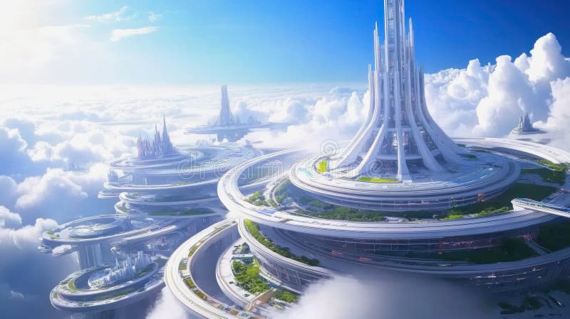 Futuristic white cityscape with advanced architecture and floating structures surrounded by clouds under a bright blue royalty free stock photography