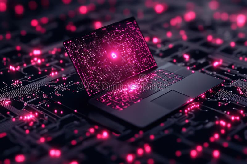 Digital World: Laptop Surrounded by Intricate Circuit Patterns stock illustration