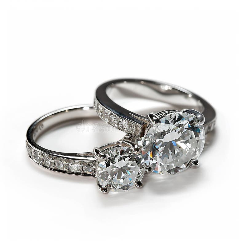 Elegant diamond engagement and wedding rings on a white surface. royalty free illustration