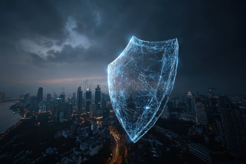 Glowing Transparent Shield with Matrix Lines Forming in a Futuristic Urban Landscape stock image