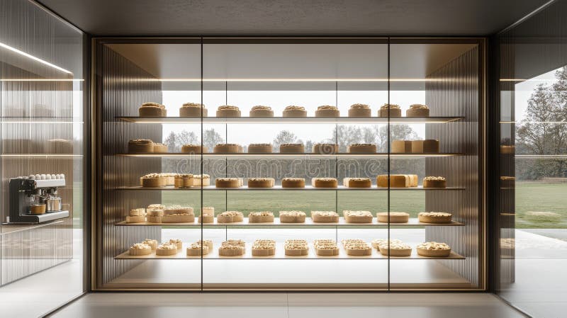 Modern Bakery Display Case with Delicious Cakes stock illustration