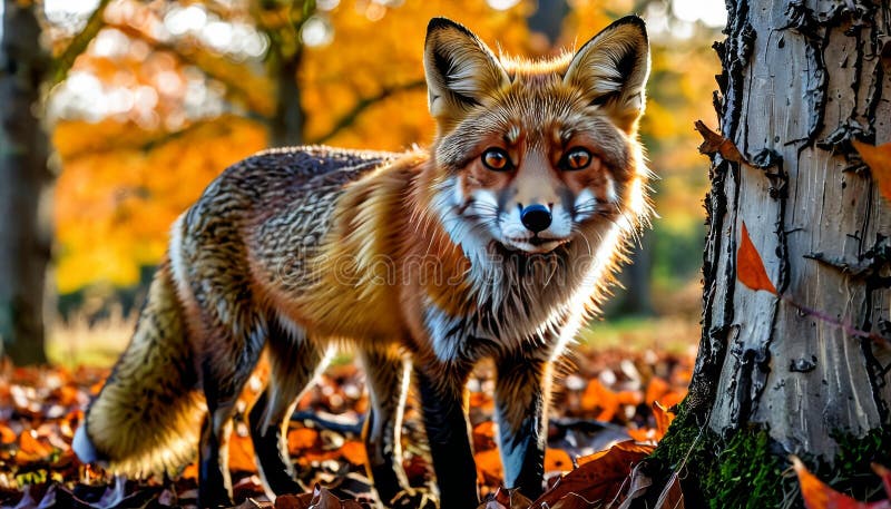 Red Fox in Autumn Forest Setting stock photography