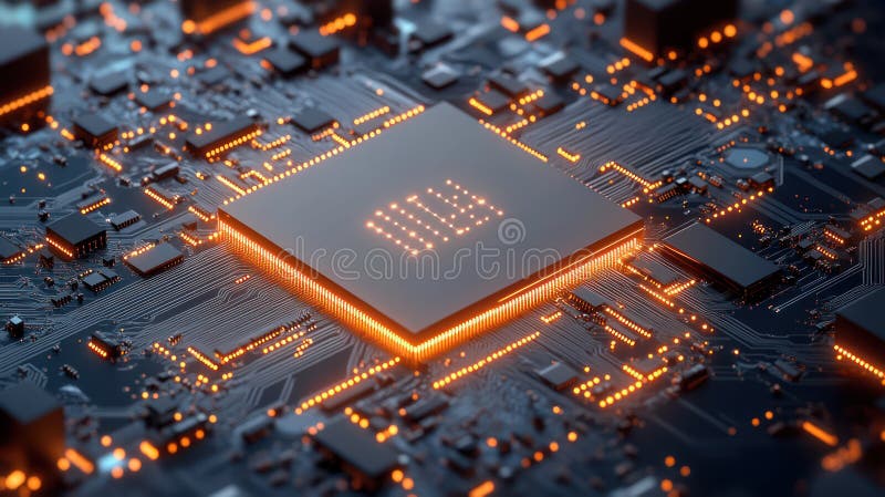 Tech Textures on Digital Circuit Board: Innovating Progress with Intricate Patterns, Wires and Chips, and Futuristic Bac stock illustration