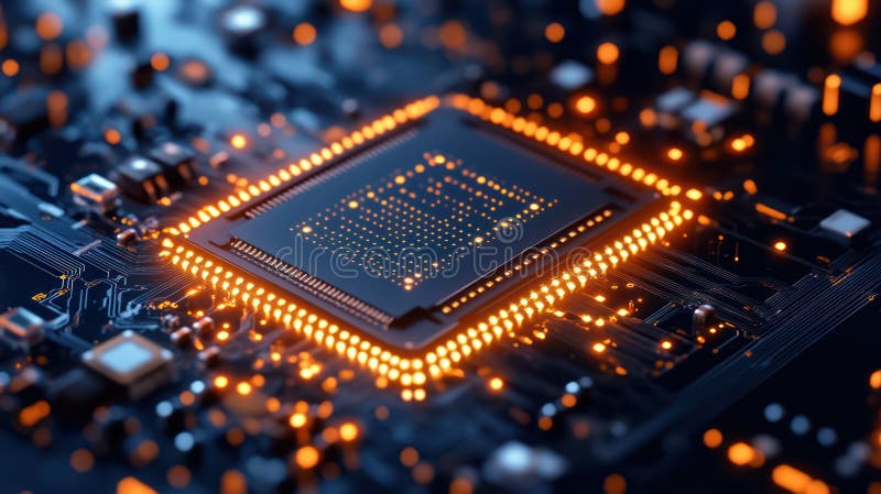 Tech Textures on Digital Circuit Board: Innovating Progress with Intricate Patterns, Wires and Chips, and Futuristic Bac stock illustration
