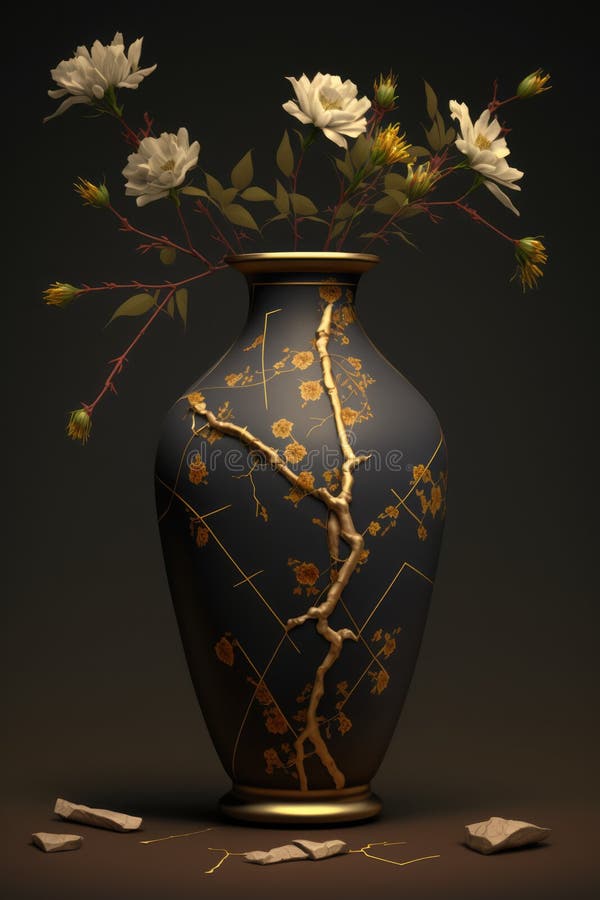 Premium AI Image  Kintsugi vase with cracks bowl tablware ceramics  Japanese technique of tableware restoration Beauty of imperfection Gold  lines Wabi Sabi philosophy Generative AI